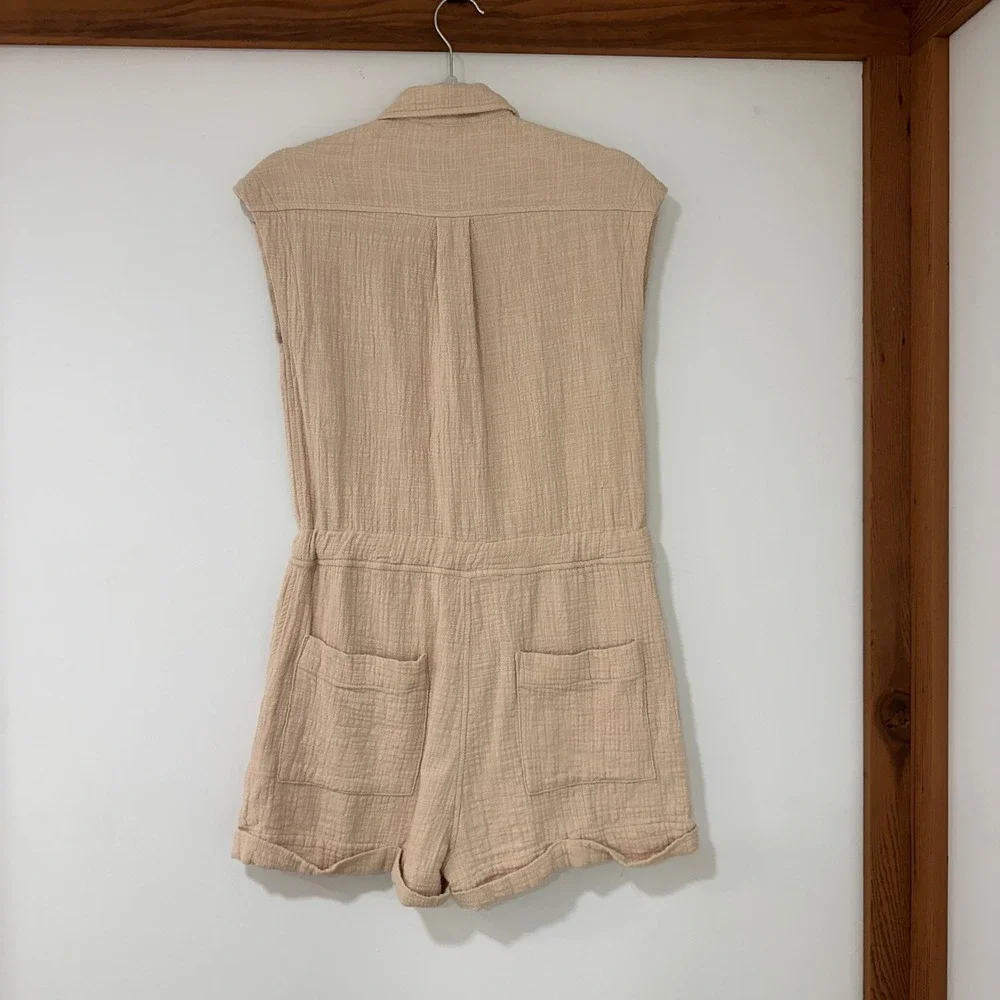 Bohme‎ Cotton Gauze Sleeveless Romper Women Size S Beige Button Front | Coastal